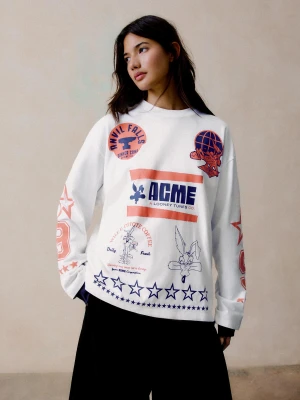 Bershka Koszulka Oversize Z Długim Rękawem I Nadrukiem Zwariowane Melodie Kobieta Biały Złamany