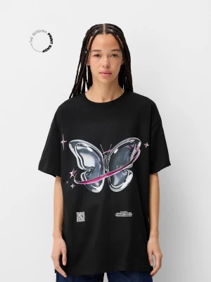 Bershka Koszulka Oversize Z Krótkim Rękawem Bershka Wearable Art Kobieta Czarny