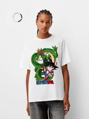 Bershka Koszulka Oversize Z Krótkim Rękawem Dragon Ball Kobieta Biały Złamany