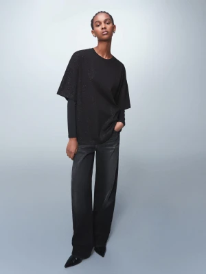 Bershka Koszulka Oversize Z Krótkim Rękawem I Brokatem Kobieta Czarny