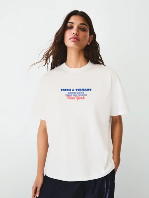 Bershka Koszulka Oversize Z Krótkim Rękawem I Nadrukiem Kobieta Biały Złamany