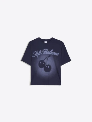 Bershka Koszulka Oversize Z Krótkim Rękawem I Nadrukiem Kobieta Granatowy