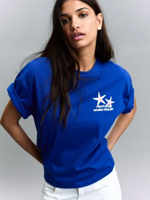 Bershka Koszulka Oversize Z Krótkim Rękawem I Nadrukiem Kobieta Niebieski