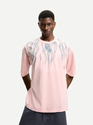 Bershka Koszulka Oversize Z Krótkim Rękawem I Nadrukiem Mężczyzna Różowy