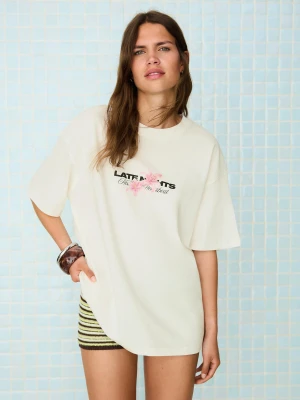 Zdjęcie produktu Bershka Koszulka Oversize Z Nadrukiem Kobieta Biały Złamany