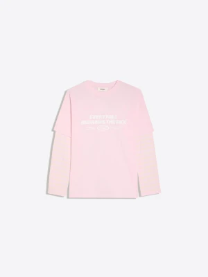 Zdjęcie produktu Bershka Koszulka Oversize Z Podwójnym Rękawem I Nadrukiem Kobieta Różowy