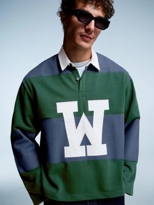 Bershka Koszulka Polo Boxy Z Długim Rękawem W Paski Mężczyzna Zielony