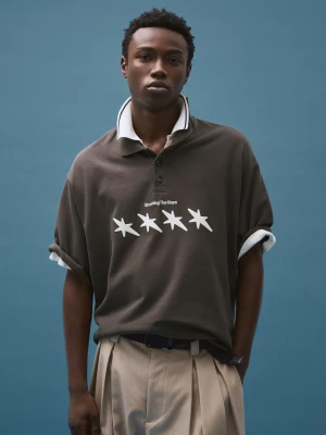 Bershka Koszulka Polo Boxy Z Nadrukiem Mężczyzna Szary