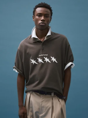 Bershka Koszulka Polo Boxy Z Nadrukiem Mężczyzna Szary