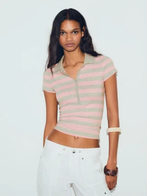 Bershka Koszulka Polo W Paski Z Krótkim Rękawem Kobieta Różowy