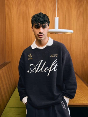 Bershka Koszulka Polo Z Długim Rękawem O Kwadratowym Kroju Z Nadrukiem Mężczyzna Granatowy