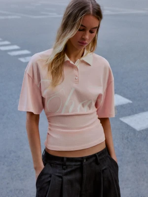 Bershka Koszulka Polo Z Krótkim Rękawem I Nadrukiem Kobieta Różowy
