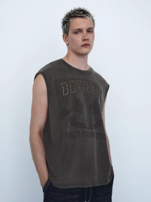 Bershka Koszulka Worker Z Nadrukiem Mężczyzna Szary