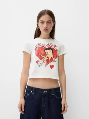 Bershka Koszulka Z Betty Boop I Krótkim Rękawem Kobieta Biały Złamany