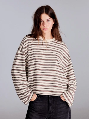 Bershka Koszulka Z Długim Rękawem Boxy W Paski Kobieta Kremowy