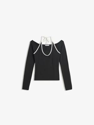 Bershka Koszulka Z Długim Rękawem I Dekoltem Halter Kobieta Czarny