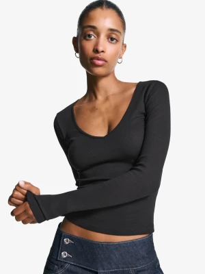 Bershka Koszulka Z Długim Rękawem I Dekoltem W Serek Kobieta Czarny