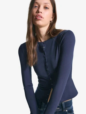 Bershka Koszulka Z Długim Rękawem I Guzikami Kobieta Granatowy