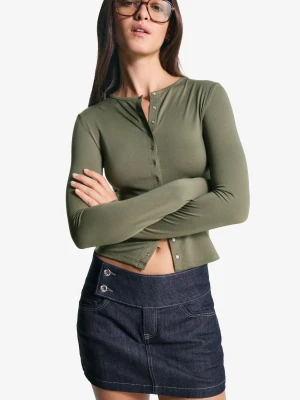 Bershka Koszulka Z Długim Rękawem I Guzikami Kobieta Khaki