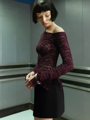 Bershka Koszulka Z Długim Rękawem I Koronką Blonda Kobieta Bordowy