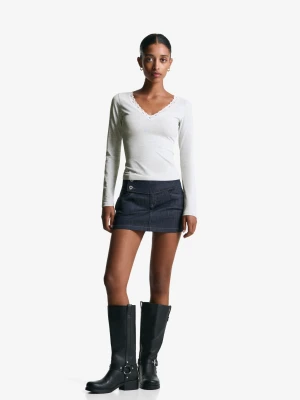 Bershka Koszulka Z Długim Rękawem I Koronką Kobieta Szary