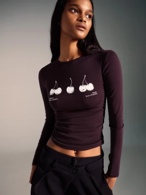 Bershka Koszulka Z Długim Rękawem, Marszczona Z Nadrukiem Kobieta Fioletowy