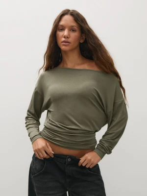 Bershka Koszulka Z Długim Rękawem Z Asymetrycznym Dekoltem Kobieta Khaki