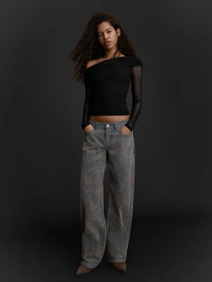 Bershka Koszulka Z Długim Rękawem Z Asymetrycznym Tiulem Kobieta Czarny