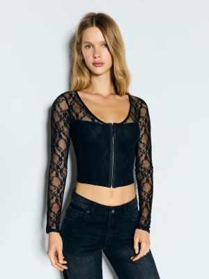 Bershka Koszulka Z Długim Rękawem Z Koronkowym Gorsetem Kobieta Czarny