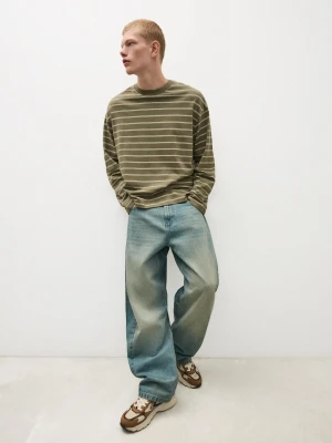 Bershka Koszulka Z Długim Rękawem Z Nadrukiem W Paski Mężczyzna Khaki