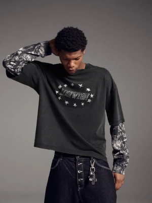 Bershka Koszulka Z Długim Rękawem Z Podwójnym Nadrukiem Mężczyzna Czarny