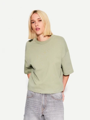 Bershka Koszulka Z Grubej Bawełny O Kwadratowym Kroju Z Krótkim Rękawem Kobieta Khaki