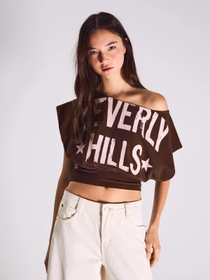 Bershka Koszulka Z Krótkim Rękawem I Asymetrycznym Nadrukiem Kobieta Brązowy