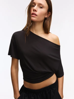 Bershka Koszulka Z Krótkim Rękawem I Asymetrycznym Nadrukiem Kobieta Czarny