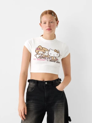 Bershka Koszulka Z Krótkim Rękawem I Nadrukiem Hello Kitty & My Melody Kobieta Biały Złamany