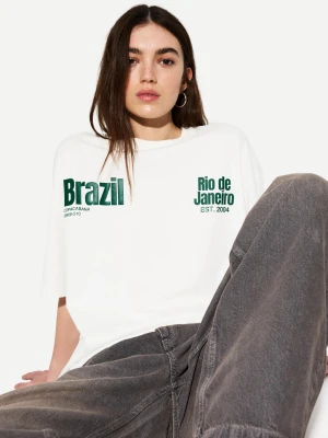Bershka Koszulka Z Krótkim Rękawem I Nadrukiem Kobieta Biały