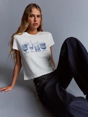 Bershka Koszulka Z Krótkim Rękawem I Nadrukiem Kobieta Biały Złamany