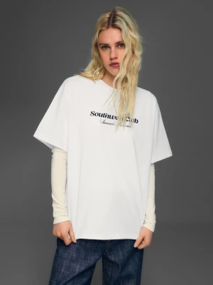 Bershka Koszulka Z Krótkim Rękawem I Nadrukiem Kobieta Biały Złamany