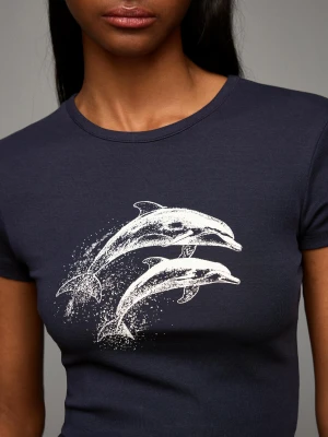 Bershka Koszulka Z Krótkim Rękawem I Nadrukiem Kobieta Ciemnoniebieski