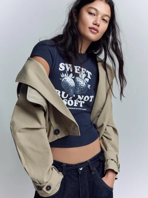 Bershka Koszulka Z Krótkim Rękawem I Nadrukiem Kobieta Granatowy