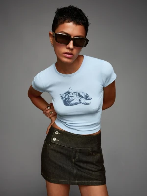 Bershka Koszulka Z Krótkim Rękawem I Nadrukiem Kobieta Jasnoniebieski