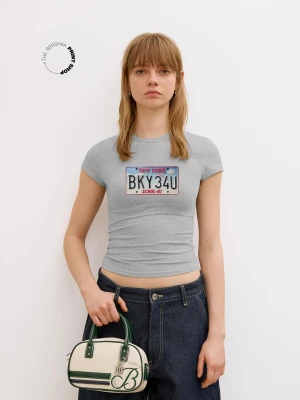 Bershka Koszulka Z Krótkim Rękawem I Nadrukiem Kobieta Szary