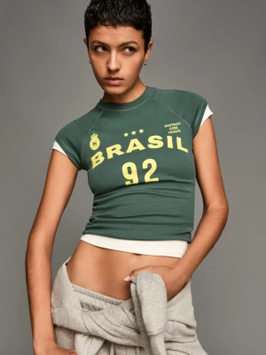 Bershka Koszulka Z Krótkim Rękawem I Nadrukiem Kobieta Zielony