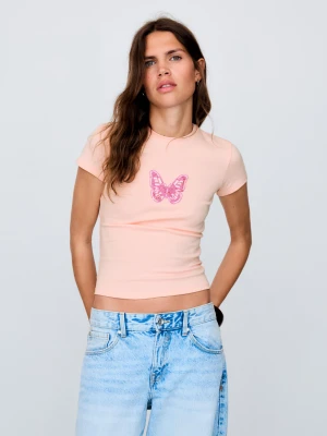 Zdjęcie produktu Bershka Koszulka Z Krótkim Rękawem, Nadrukiem I Koralikami Kobieta Różowy