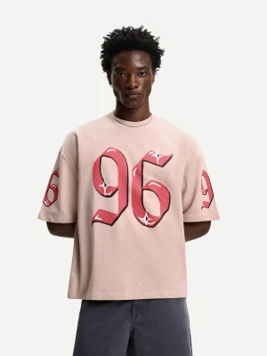 Bershka Koszulka Z Krótkim Rękawem Z Frotte Z Nadrukiem Mężczyzna Różowy