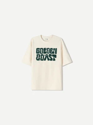 Bershka Koszulka Z Krótkim Rękawem Z Froty Z Nadrukiem Mężczyzna Beżowy