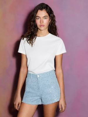 Bershka Koszulka Z Krótkim Rękawem Z Grubej Bawełny Kobieta Biały Złamany