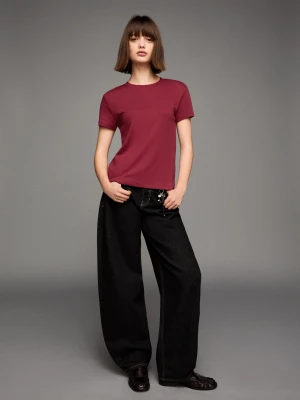 Bershka Koszulka Z Krótkim Rękawem Z Grubej Bawełny Kobieta Bordowy