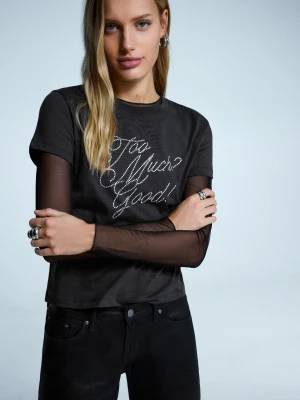 Bershka Koszulka Z Krótkim Rękawem Z Nadrukiem I Strassem Kobieta Ciemnoszary