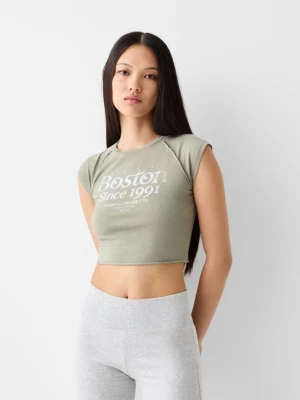 Bershka Koszulka Z Nadrukiem Z Krótkim Raglanowym Rękawem Kobieta Zielony